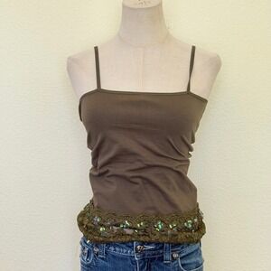 Olive Green Sequin Lace Trim Cami Tank Top Grande L Made in USA
